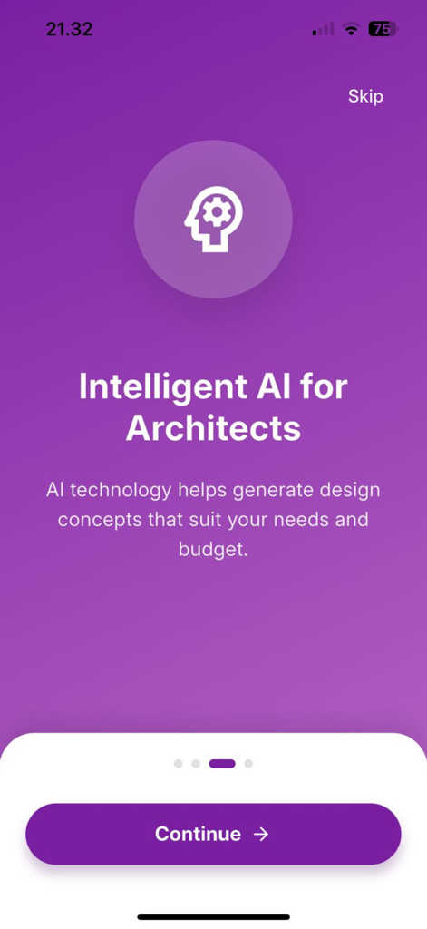 AI House Designer Pro - AI House Designer Pro onboarding screen titled Intelligent AI for Architects featuring a purple background and AI icon.