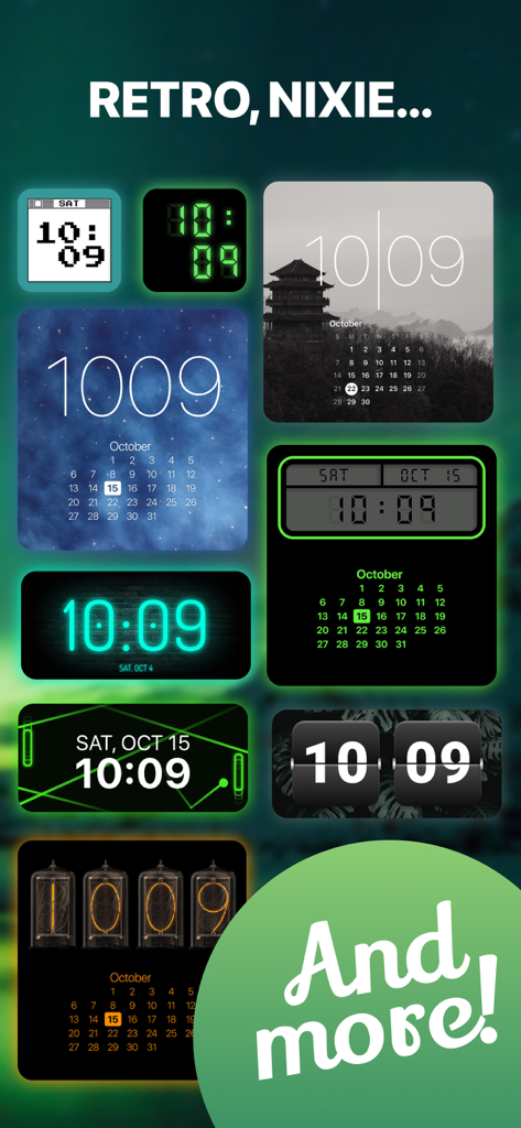 Una colección de diseños de widgets de reloj retro, Nixie y digital para iPhone