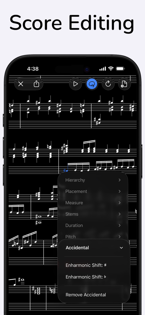 A smartphone screen displaying a piano score with a menu for editing musical notation and accidentals.