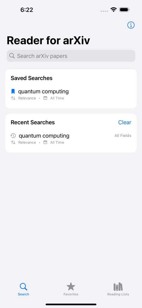 Reader for arXiv - Interface de recherche de l'application Reader for arXiv montrant les recherches sauvegardées et récentes pour l'informatique quantique.