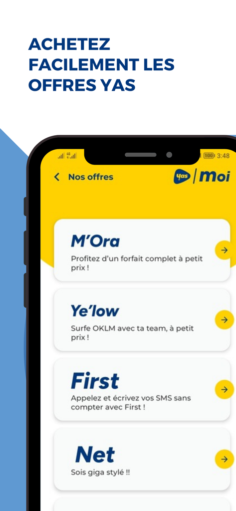 Interface do aplicativo móvel exibindo vários planos de assinatura Telma Yas como MOra e Yellow