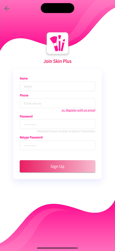 Skinplus - Registration page for the Skinplus beauty products mobile application.