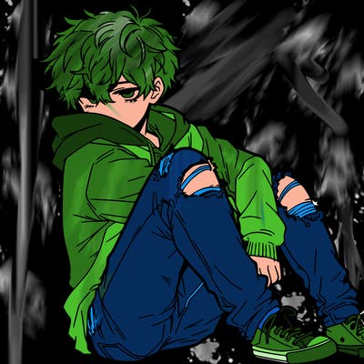 a male hoddie ripped jeans messy hair anime