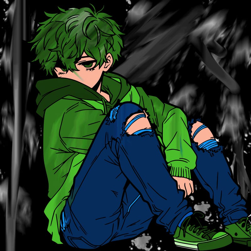 a male hoddie ripped jeans messy hair anime