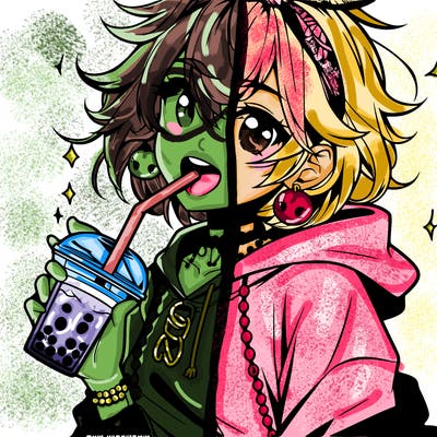 hot baddie anime girl drinking boba and biting the straw