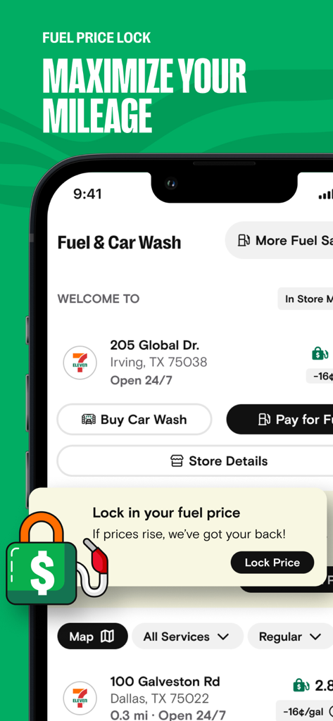 7-Eleven: Rewards & Shopping - 7-Eleven mobile app screen featuring fuel price lock and gas station locations