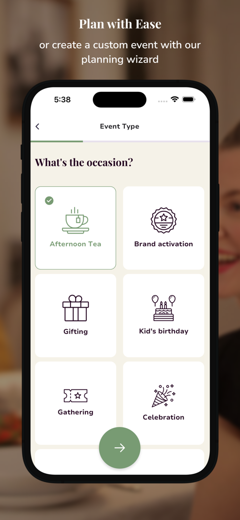 YouCater - Event Catering - A mobile app screen displaying various event types to choose from such as Afternoon Tea, Brand activation, and Kid's birthday for catering planning.