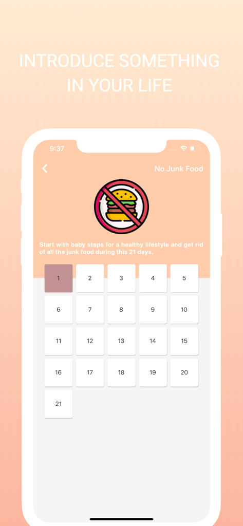 The 21 Days Challenge - A mobile app interface displaying a 21-day grid for a no junk food habit challenge.