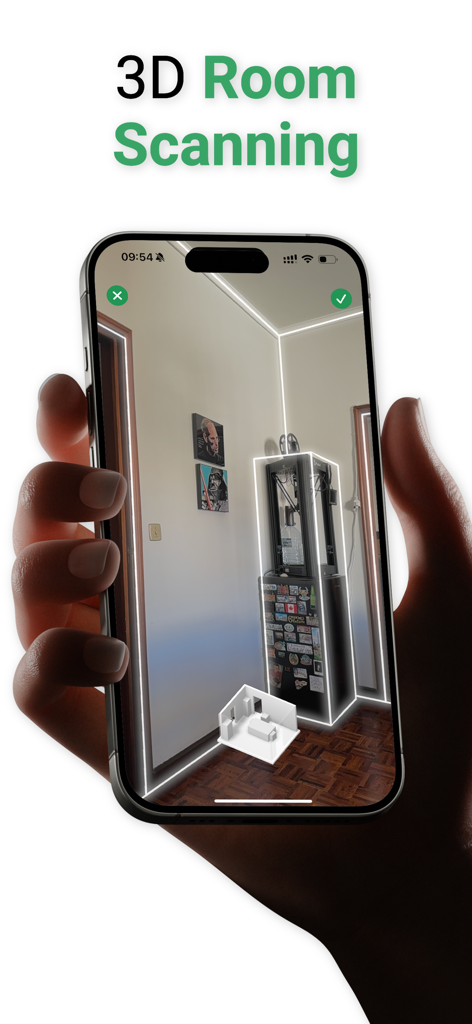 LiDARを使用してインテリアルームのデジタルモデルを作成するために、3Dオブジェクトとルームスキャナーアプリを使用しているiPhoneを持っている手。