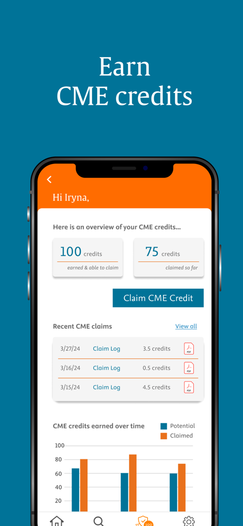 ClinicalKey - The ClinicalKey app interface showing a CME credits dashboard with tracking for earned and claimed credits and a progress chart.