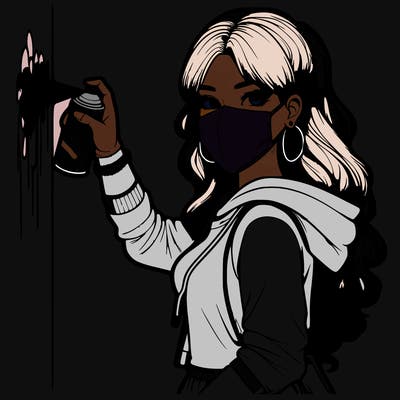 realistic girl with mask spray painting a wall