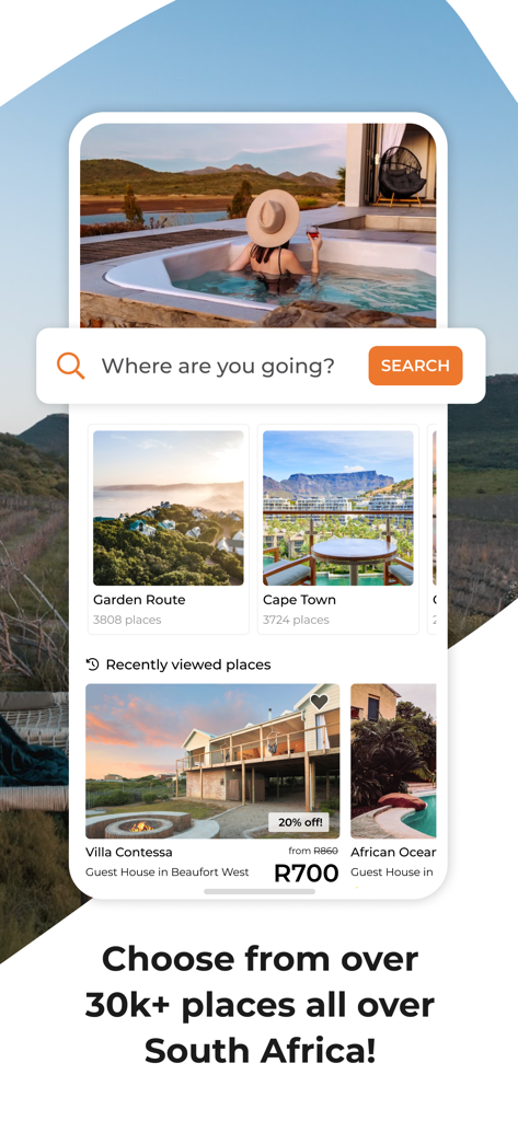 LekkeSlaap - LekkeSlaap app interface showing accommodation search and travel options in South Africa