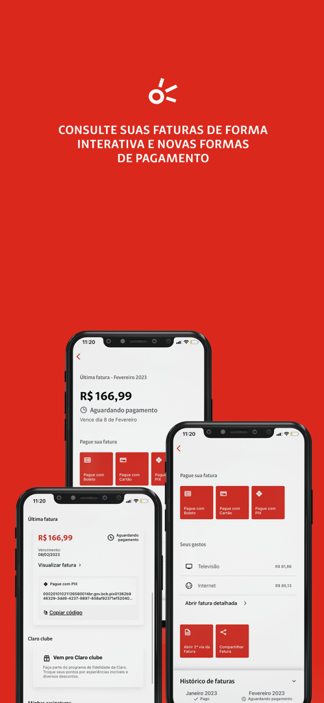 Minha Claro Residencial (NET) - Três telas de smartphone mostrando opções de pagamento de contas e detalhes de faturas no aplicativo Minha Claro Residencial.