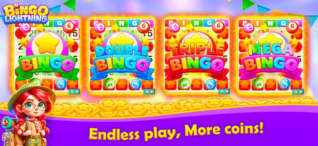 Bingo Lightning - Pantalla del juego Bingo Lightning que muestra recompensas de cartas de bingo individual, doble, triple y mega con monedas de oro.