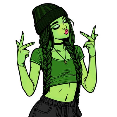 realistic teenage girl with braids and a beanie and crop top doing 🫶🏼