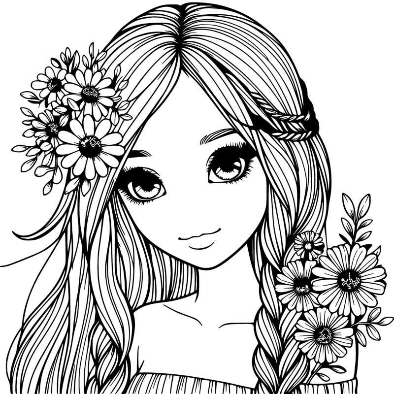 realistic girl with long hair and flowers