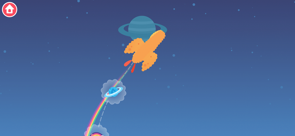 Dinosaur Plane Games for kids - Un avión con forma de hueso volando por el espacio dejando un rastro arcoíris pasando planetas.