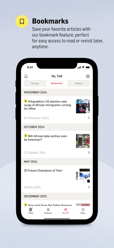 TheAfricaReport.com - Mobile app interface showing the Bookmarks section with saved articles in The Africa Report.