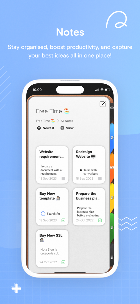 Opus One: Digital Planner - The notes section of the Opus One digital planner app displaying task cards for project management on an iPhone.