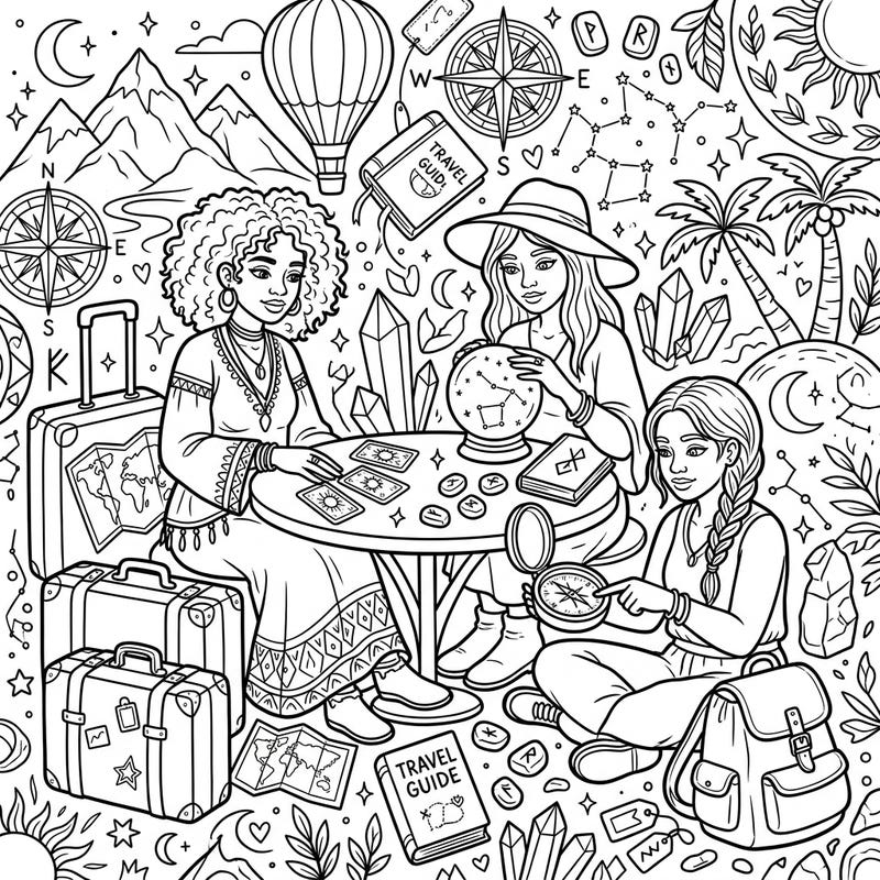 Unleash your creativity with this enchanting coloring page depicting powerful diviners embarking on a whimsical vacation. Explore a world filled with mystical tools, travel essentials, and celestial wonders as you bring this scene to life.