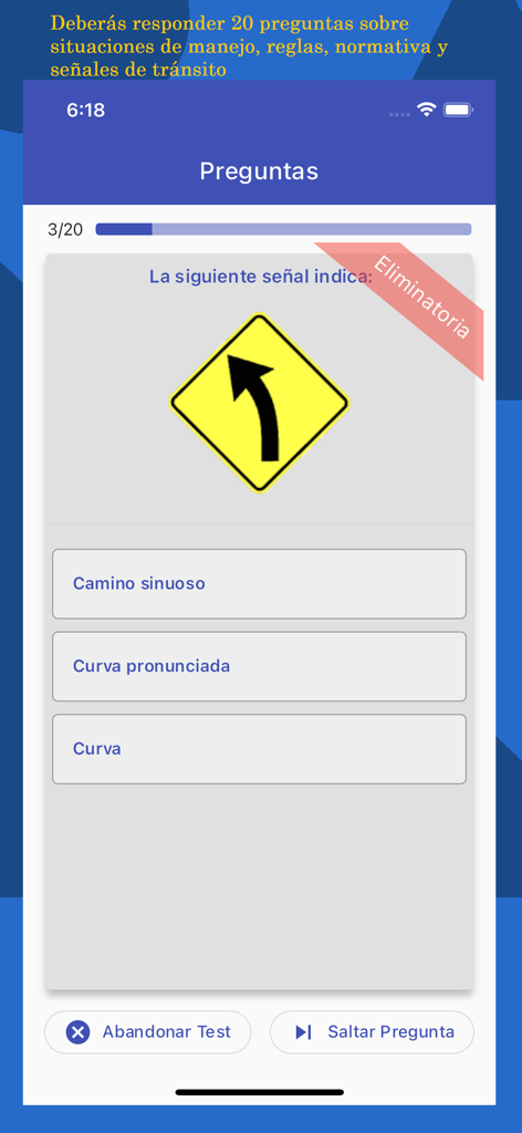 Examen de manejo - Mobile application screen showing a traffic sign question for the Argentinian driving license exam.