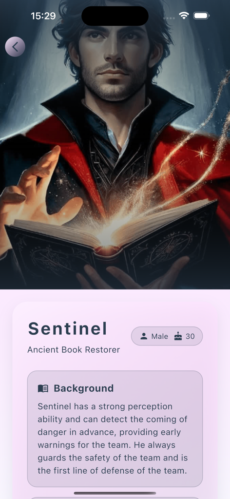Tela de perfil de personagem para Sentinel, um restaurador de livros antigos, apresentando uma ilustração mágica de um homem segurando um livro brilhante e uma descrição de fundo.