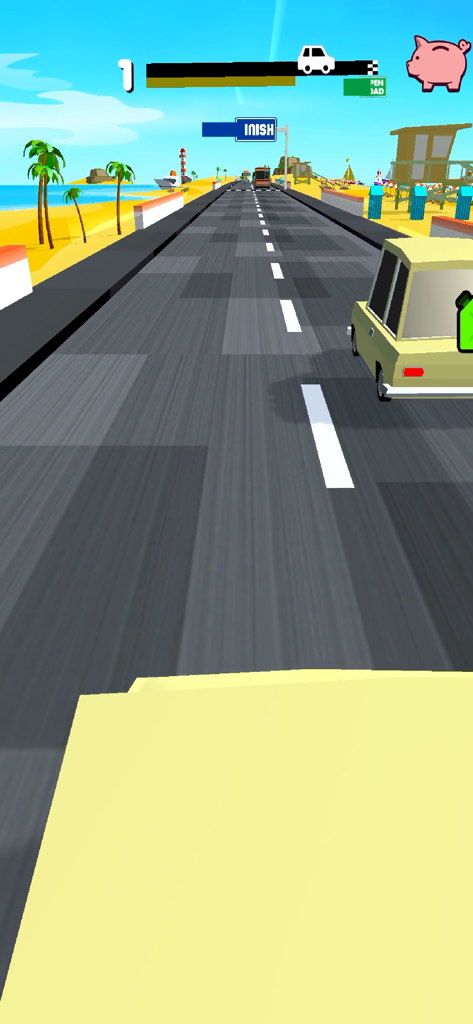 OverTake - Une voiture jaune low-poly roulant sur une autoroute côtière vers une ligne d'arrivée dans le jeu OverTake.