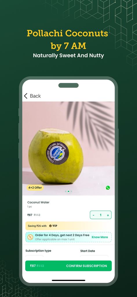 Country Delight app showing Pollachi coconut water subscription for early morning delivery