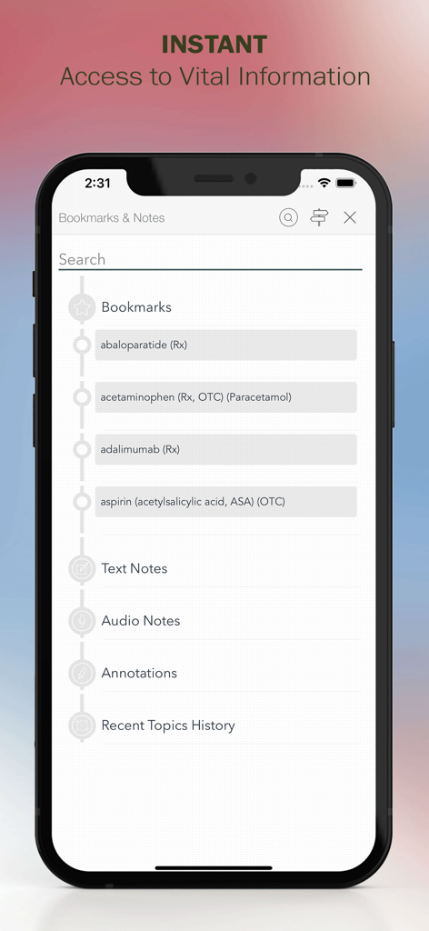Screenshot of the bookmarks and notes section in the Mosby's Nursing Drug Reference app showing a list of drugs and options for text and audio notes.