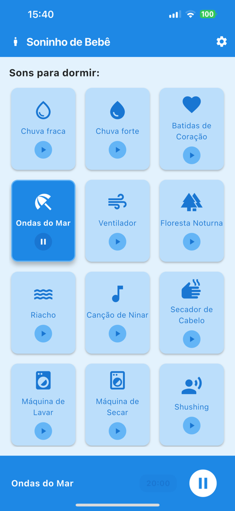 Soninho Bebê - Interface of the Soninho Bebê app displaying a grid of relaxing sleep sound options like ocean waves, heartbeats, and white noise.