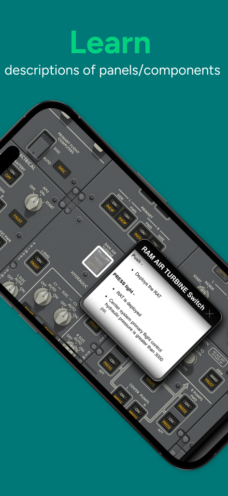 Acron B787 Cockpit Fam. - Interactive B787 cockpit panel screen showing a detailed explanation popup for the Ram Air Turbine Switch