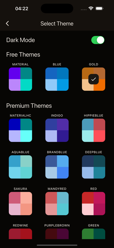 Sudoku - No Ads & Offline - Interface for selecting from multiple color themes and dark mode in the Sudoku game.