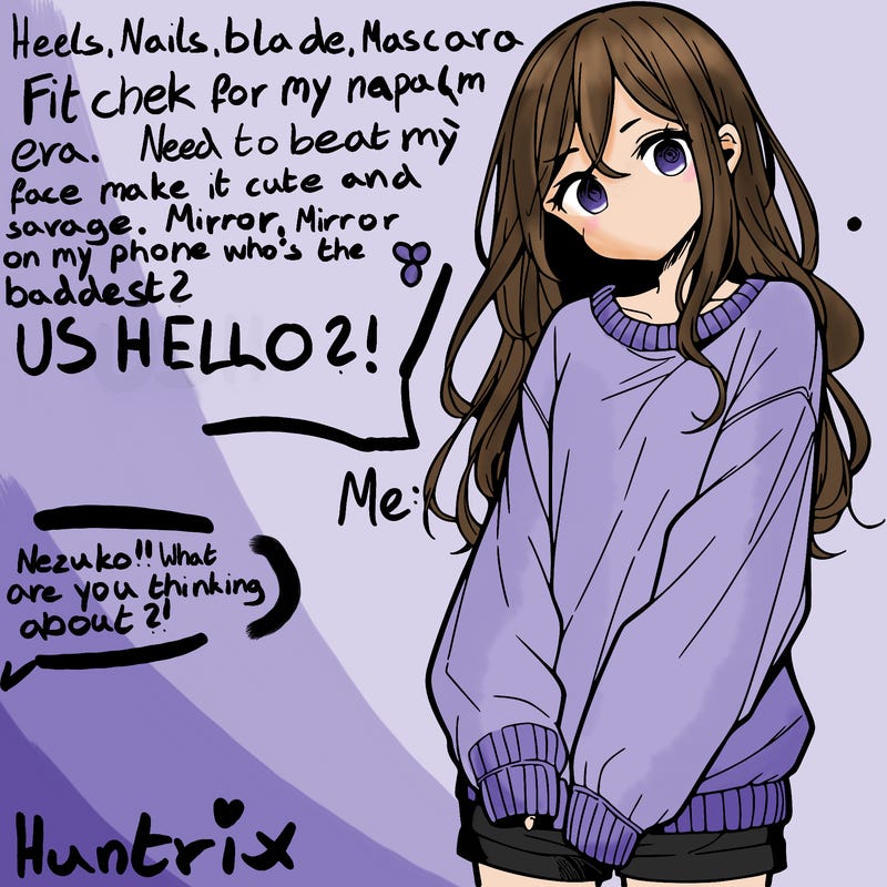 manga teen girl  in a sweater and baggy pants