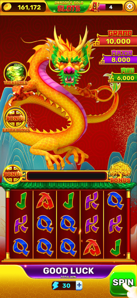 Dragon's Gold Slots - Mobile slot game interface featuring a large golden dragon and progressive jackpot rewards