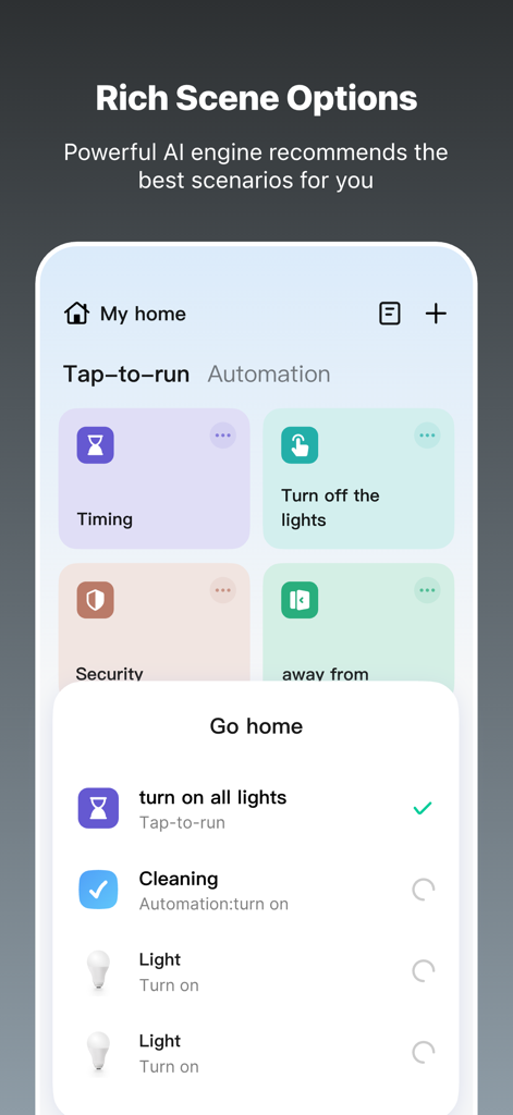 Tuya Smart Life app interface showing home automation scenes and a Go home action list.