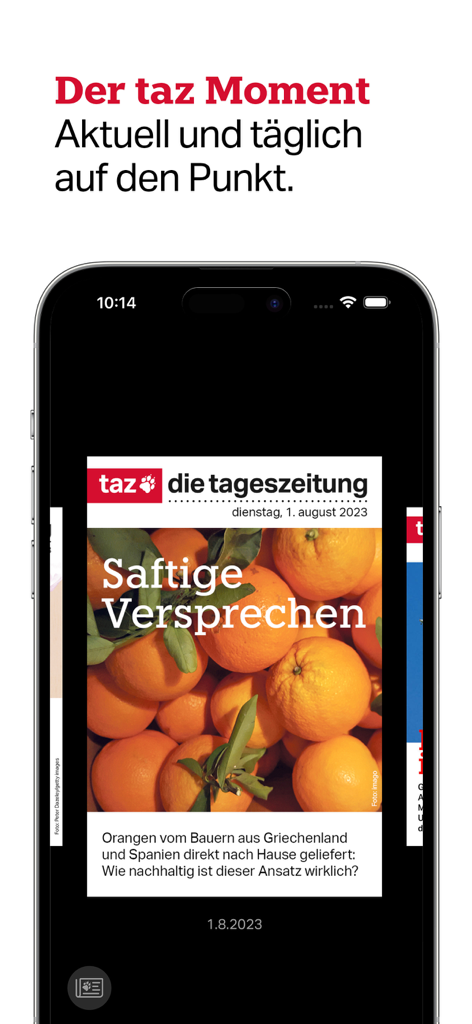 taz, die tageszeitung - App taz die tageszeitung su un iPhone che mostra la prima pagina di un quotidiano digitale