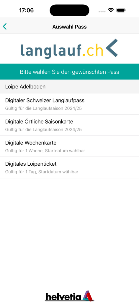 Screen from the Digitaler Langlaufpass app showing different cross-country ski pass options for Switzerland including season, weekly, and daily tickets.