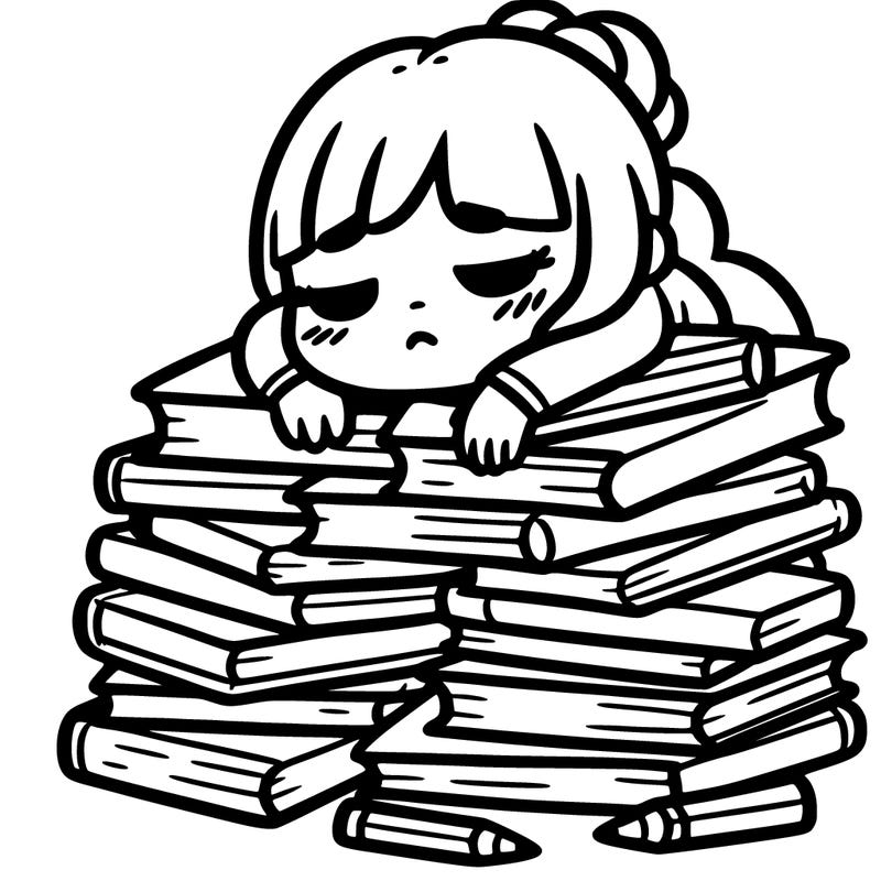 tired girl with piles of books