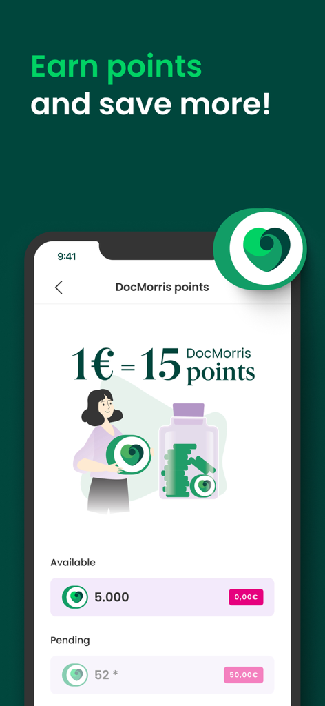 DocMorris app screen showing the loyalty rewards program where users earn points for every purchase