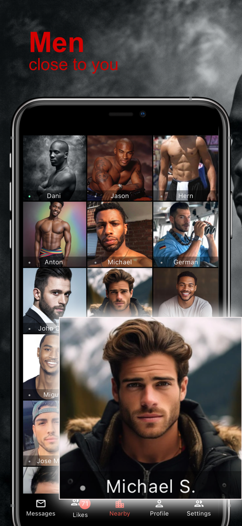 Smartphone-Bildschirm zeigt ein Raster von Männerprofilen in der WE Gay Chat App