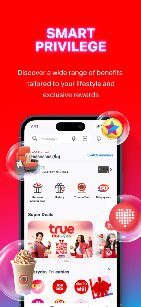 True - True app screen showing smart privilege rewards and point redemption options.