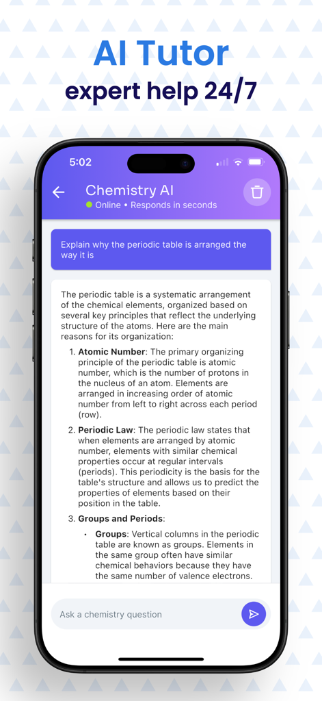 A smartphone screen displaying a chemistry AI tutor explaining the periodic table