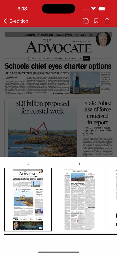The Advocate - The Advocate news app showing the digital e-edition of the Baton Rouge newspaper