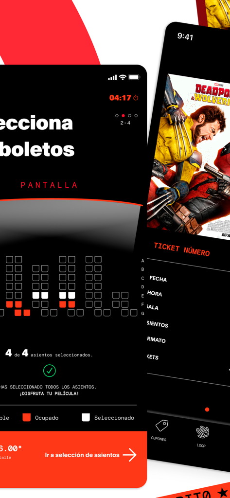 Interfaz de la app de Cinemex mostrando un mapa de asientos del cine para selección y una entrada de cine digital para Deadpool y Wolverine