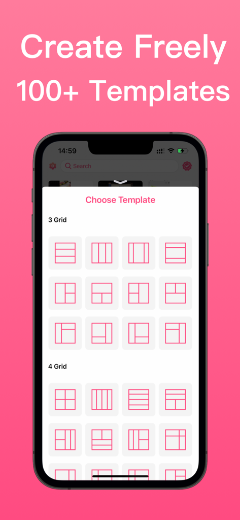 VideoGrid-Video Collage Maker - Interface of the VideoGrid app showing a selection of 3 and 4 grid video collage templates for social media content creation