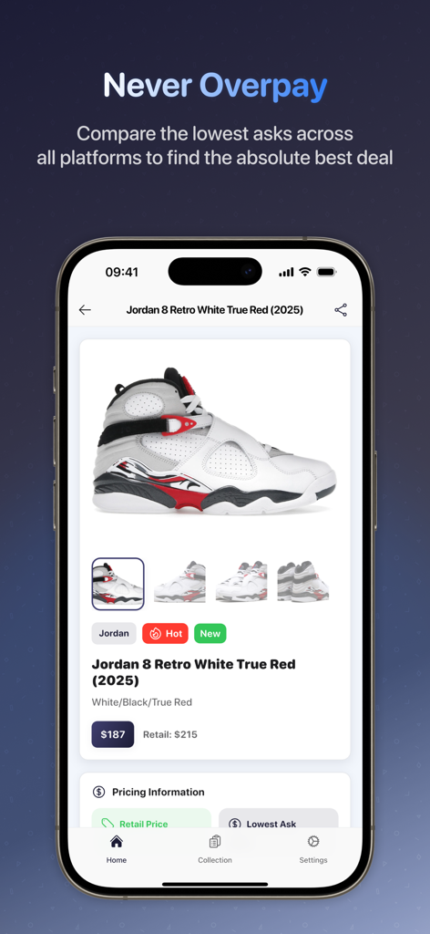 Sneaker AI - Shoe Identifier - Sneaker AI app interface showing market price and details for Jordan 8 Retro sneakers