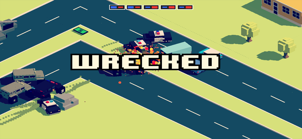 Smashy Road: Wanted - A game over screen in Smashy Road Wanted showing the word WRECKED over a voxel style car crash with police cars