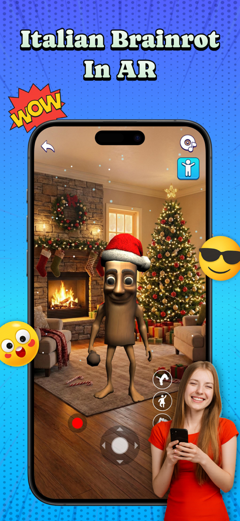 Italian Brainrot Soundboard AR - A screenshot of the Italian Brainrot app showing a meme character in a Santa hat using AR in a decorated living room.