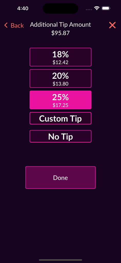 Beachy F&B - Tela de seleção de gorjeta do aplicativo Beachy FB com porcentagens fixas e opções de gorjeta personalizada