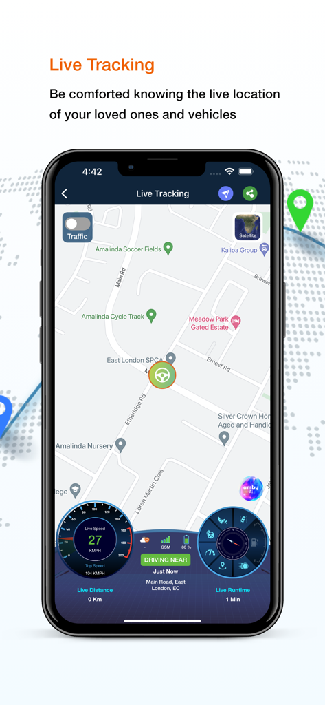 Amber Connect - Amber Connect app interface displaying a live map for vehicle tracking with a dashboard showing speed and runtime metrics